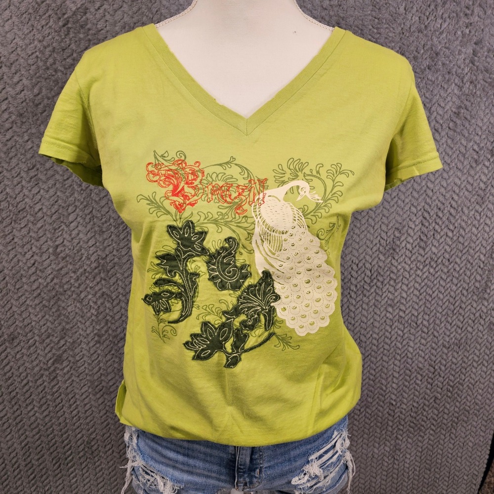 Old Navy Tiny Fit Lime Green Peacock Floral Graphic V-Neck T-Shirt Womens Large